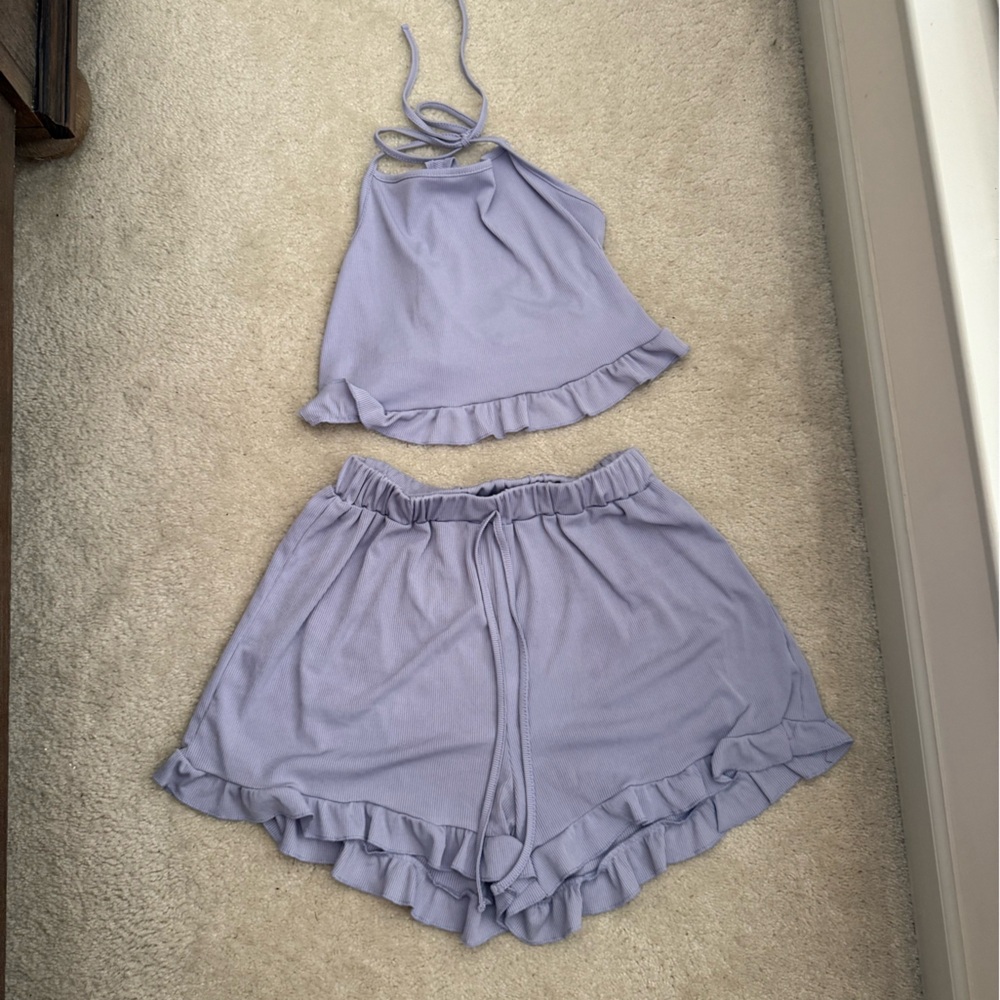 SHEIN Lavender Ruffle Hem Tank Top and Shorts Set